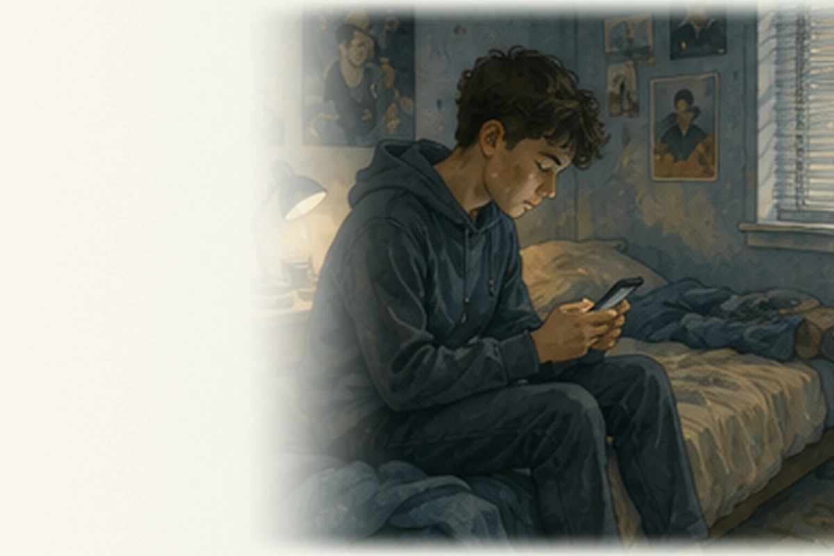 A teenage boy sits on the edge of his bed holding a phone in a dimly lit bedroom.