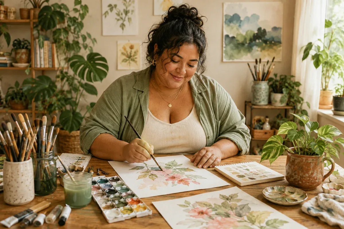 A woman paints botanical watercolors at a home studio table surrounded by brushes, palettes, artwork, and houseplants.