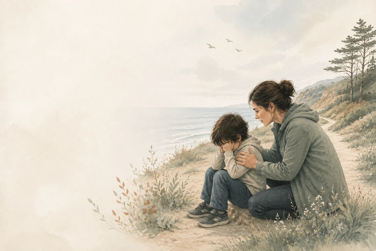 A parent kneels beside an upset child on a coastal path, offering calm support and steady attention.