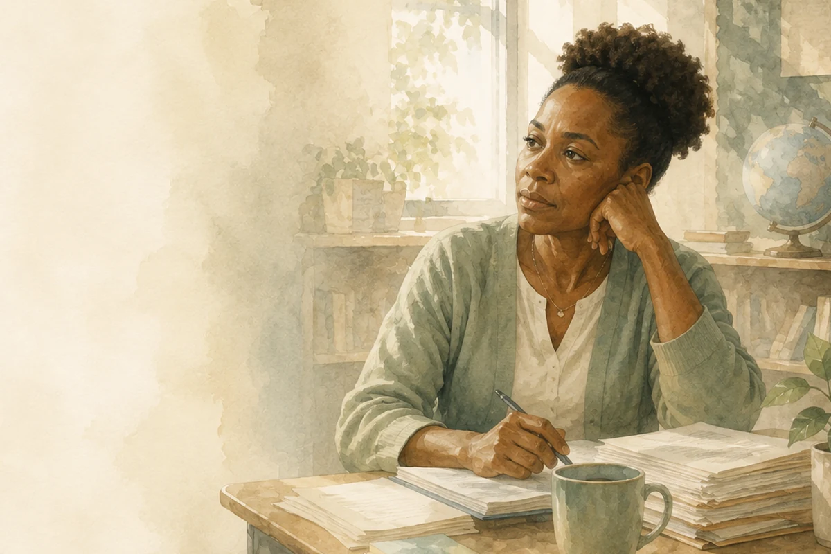 A thoughtful professional sits at a desk with an open notebook, organized papers, a mug, books, plants, and a globe in a bright office.