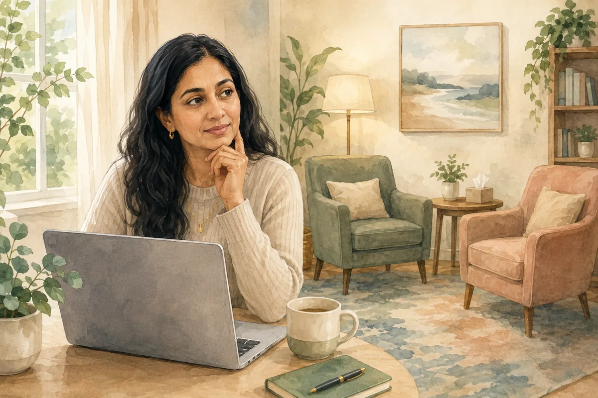 A woman sits beside a laptop in a calm therapy room with two upholstered chairs, plants, and a mug nearby.
