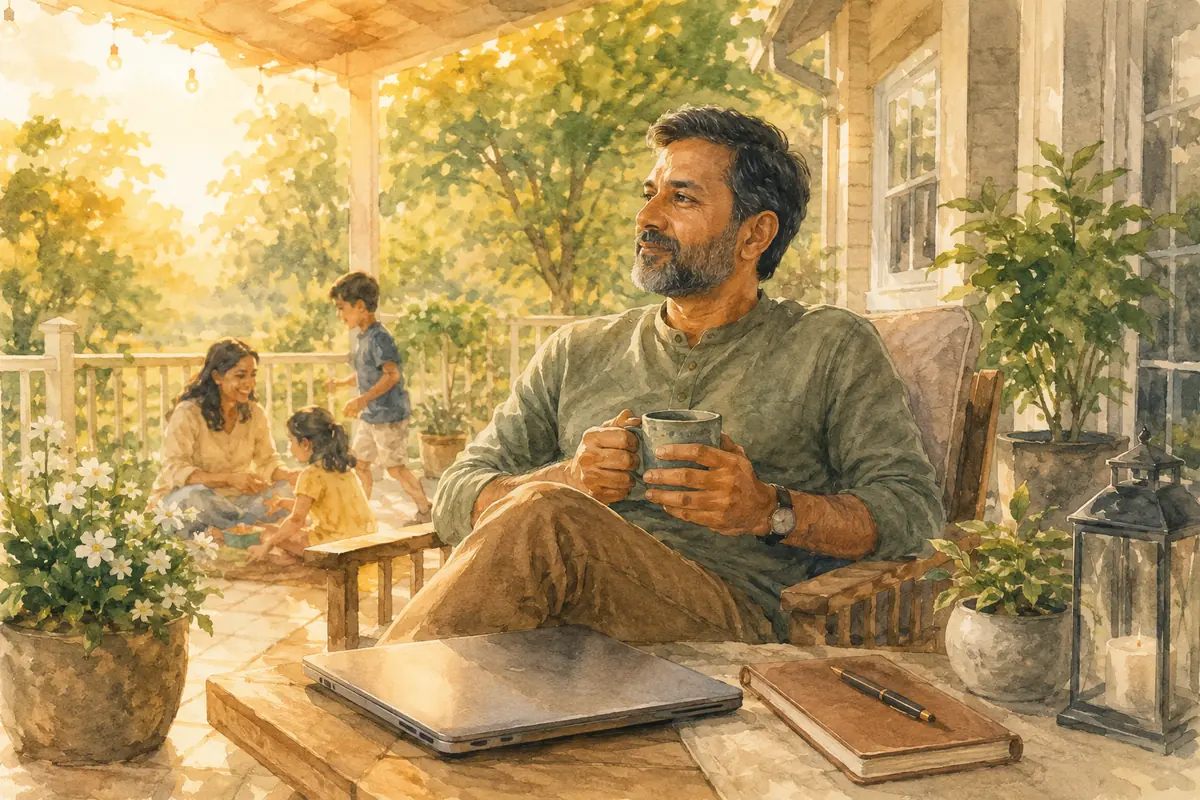 A man takes a quiet porch break with a mug, closed laptop, and notebook while family members spend time together nearby.