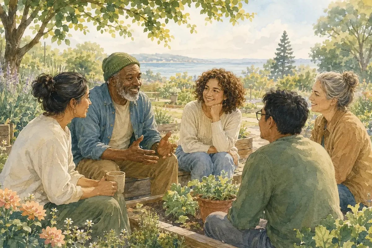 A diverse group of adults talks together in a community garden overlooking the water on a bright afternoon.