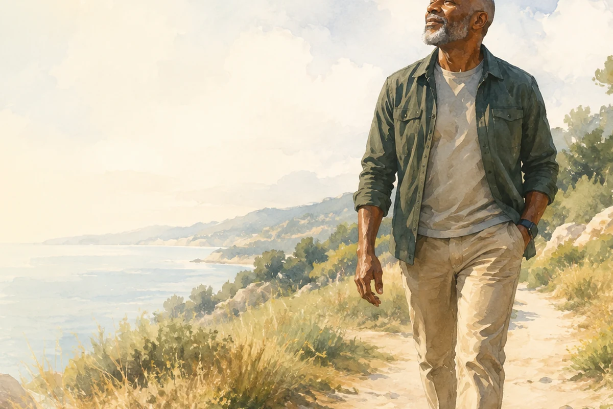An older man walks with a peaceful expression along a sunlit coastal trail overlooking the water and distant hills.