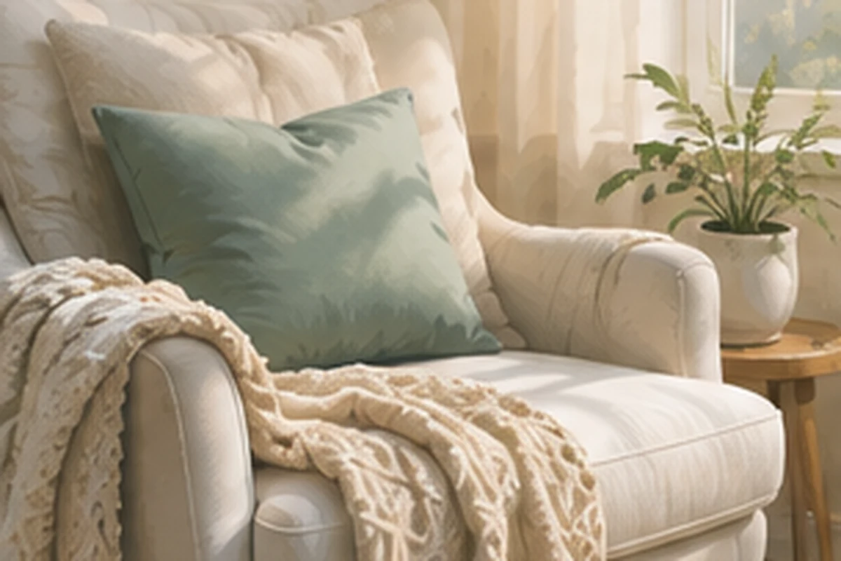 A cream armchair with a sage pillow and knit blanket sits beside a small plant in a bright, peaceful room.