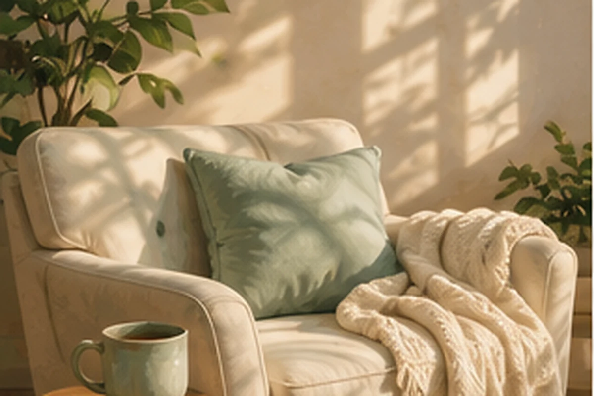 A sunlit armchair with a folded blanket, mug, and houseplants creates an inviting consultation space.