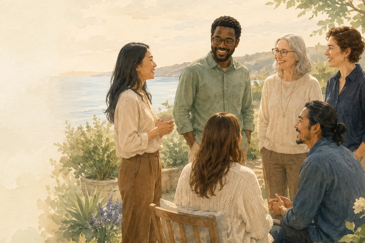 A multigenerational group of adults from varied backgrounds share a warm outdoor conversation in a coastal garden.