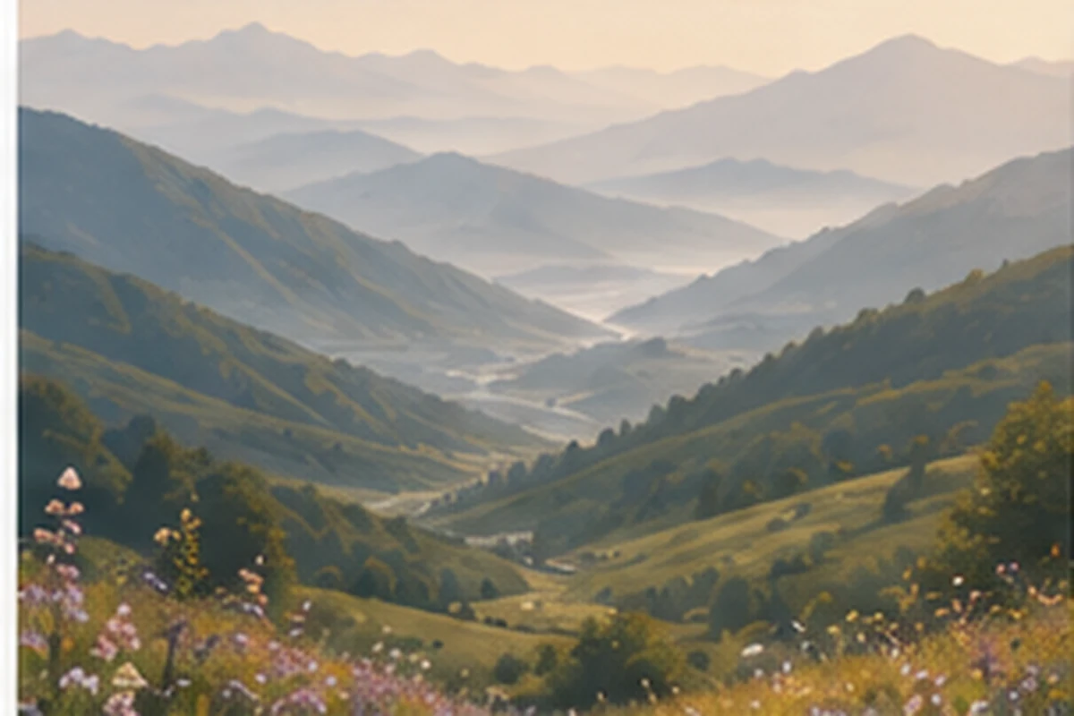 Layered mountain ridges stretch into the distance beneath a soft sky, with wildflowers along the foreground slope.