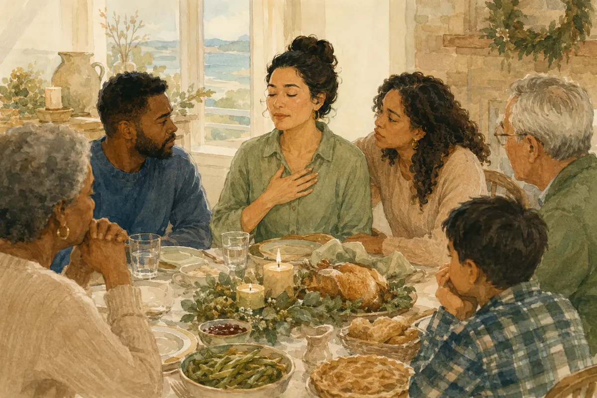 A multigenerational family gathers around a holiday meal while one woman pauses with a hand over her heart and relatives listen.