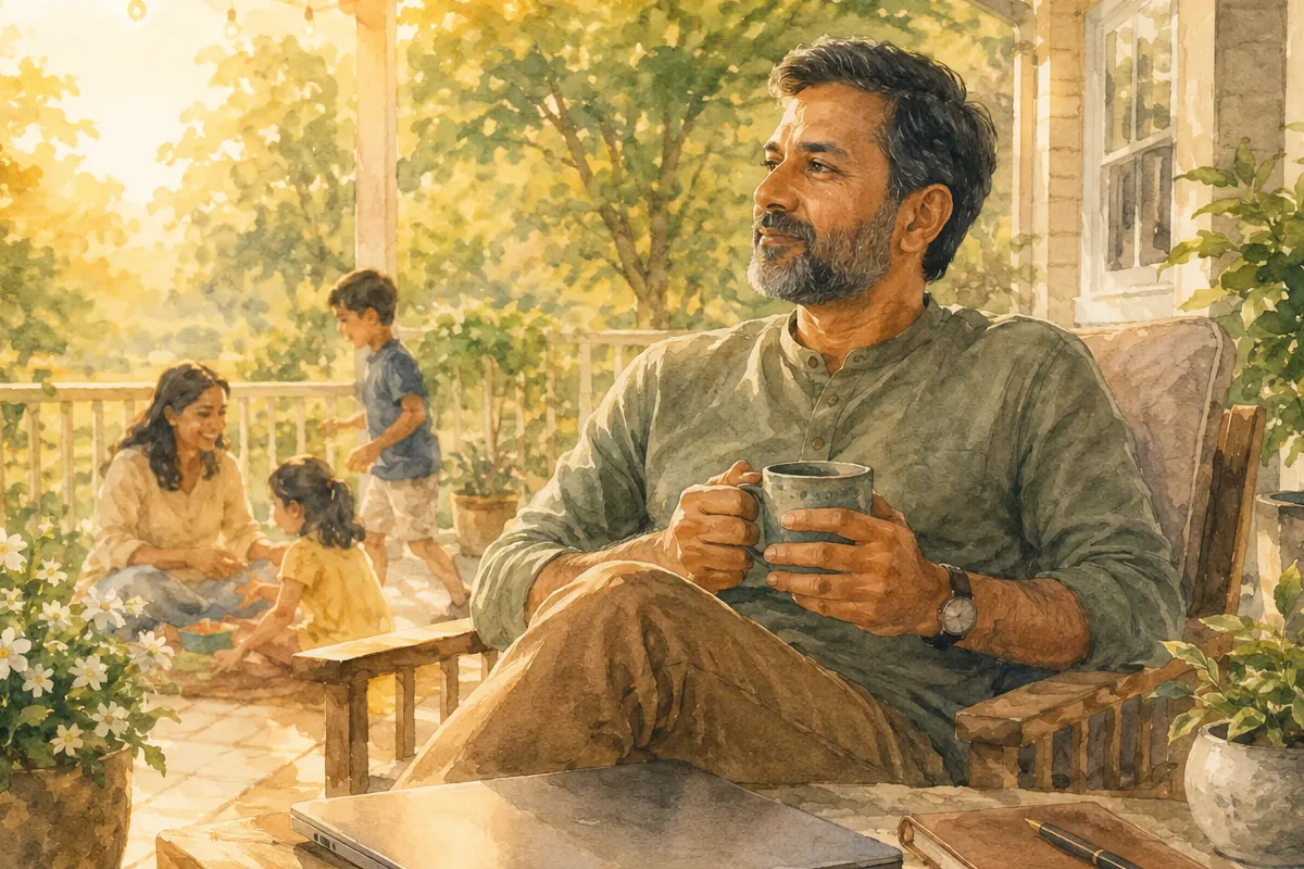 A father relaxes on a flower-filled porch while another caregiver and two children spend time together nearby in the evening light.