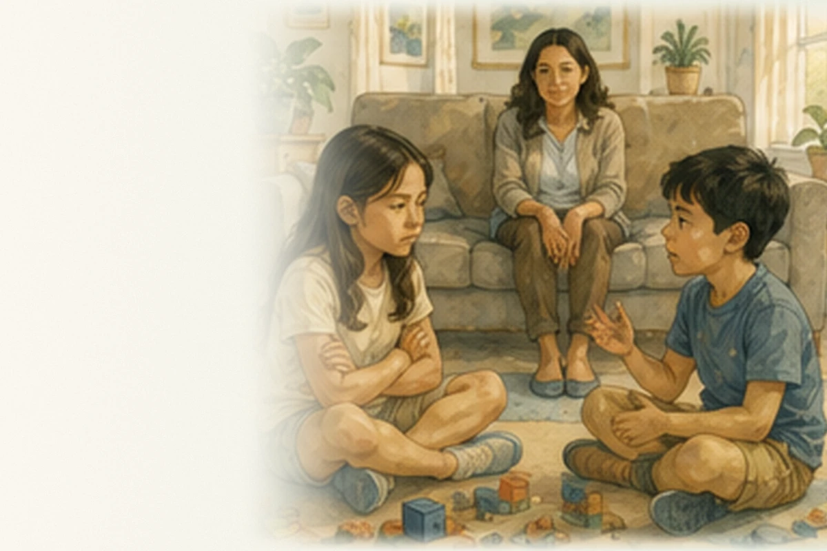 Two young siblings face one another amid toys while a calm parent watches from the sofa.