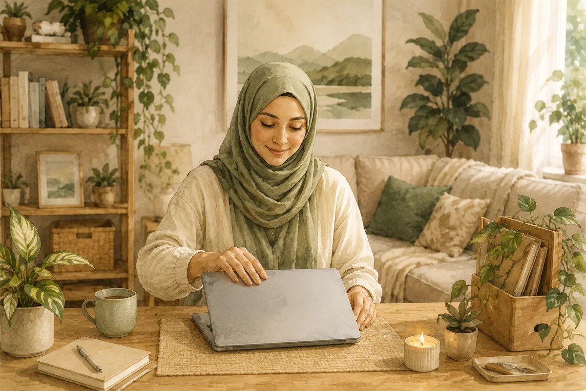 A woman in a hijab gently closes her laptop at a warm home workspace surrounded by plants, books, and comfortable furnishings.