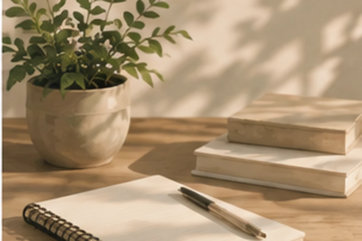An open notebook and pen sit beside a potted plant and a small stack of books on a sunlit wooden desk.