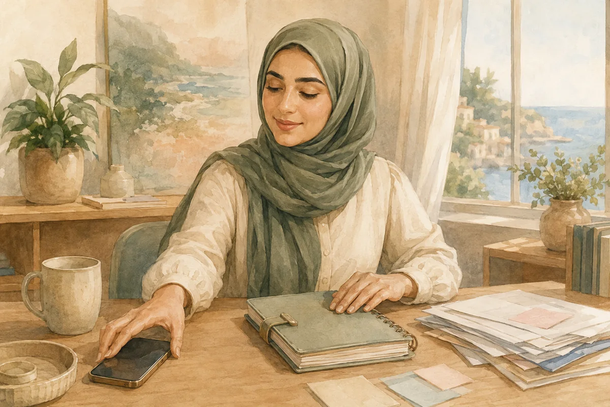 A woman in a headscarf sets her phone aside beside a planner and papers in a calm, sunlit workspace.