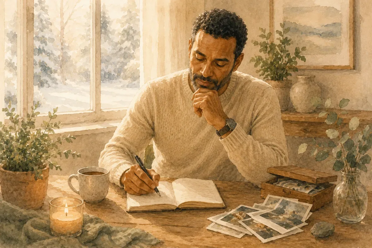 A man writes in a journal at a wooden table near a window, with a mug, candle, photographs, and a keepsake box nearby.