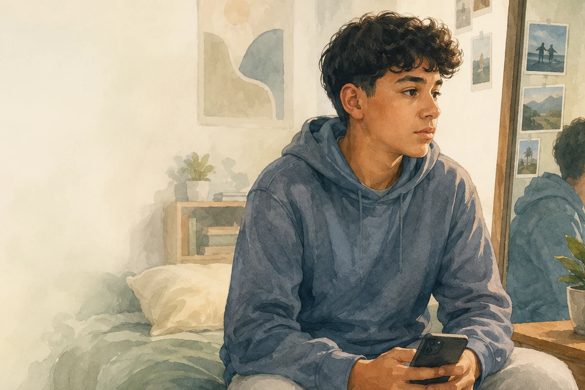 A thoughtful preteen boy sits on his bed holding a phone in a calm bedroom with books, plants, artwork, and family photographs.