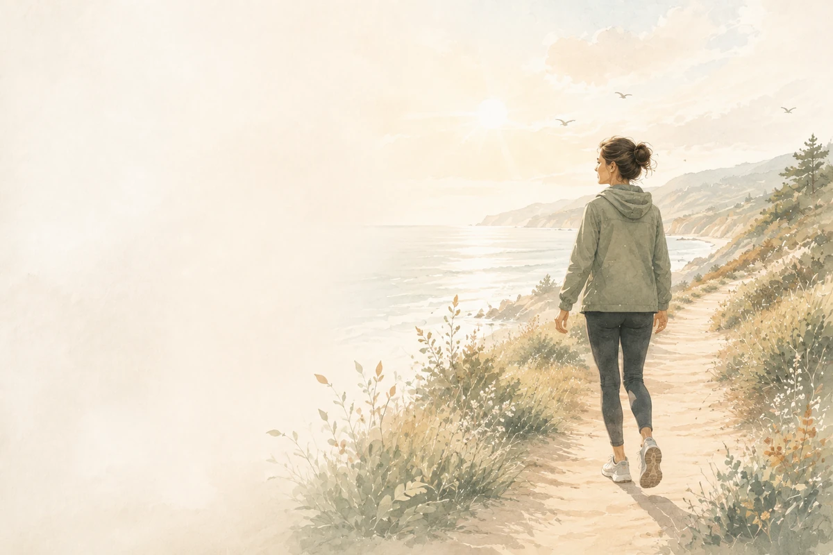 A woman walks steadily along a sunlit coastal trail surrounded by grasses and open sky.
