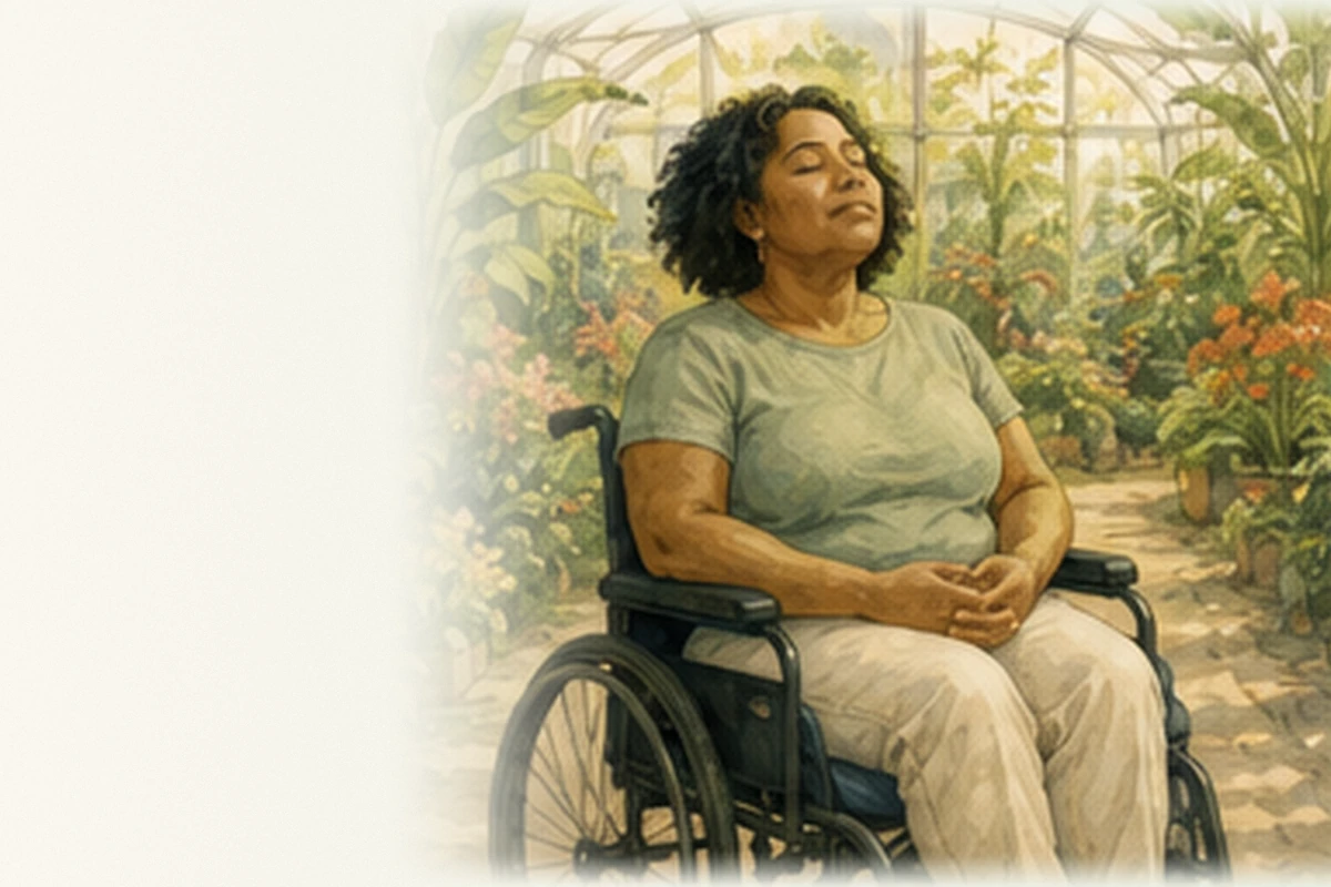 A Black woman using a wheelchair practices mindful breathing in a bright botanical garden.