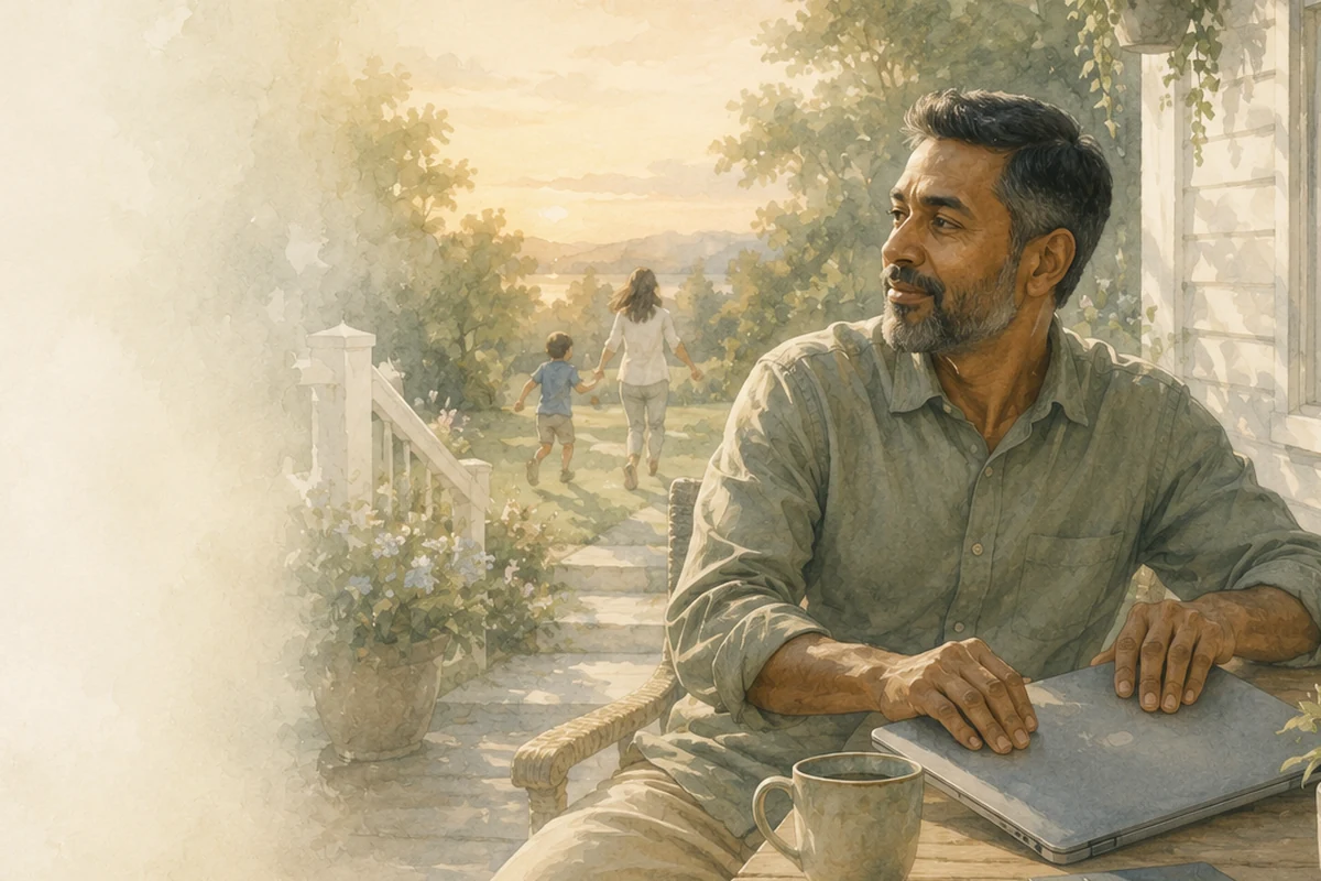 A father pauses on a porch with a closed laptop while a caregiver and two children walk together through the yard at sunset.