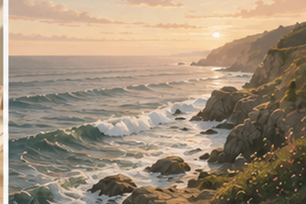 Waves meet a rocky coastline dotted with soft pink flowers beneath a glowing evening sky.