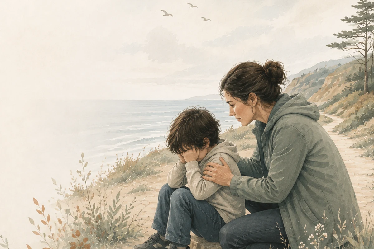 A caregiver kneels beside a distressed child on a coastal path, offering a steady hand and quiet reassurance.