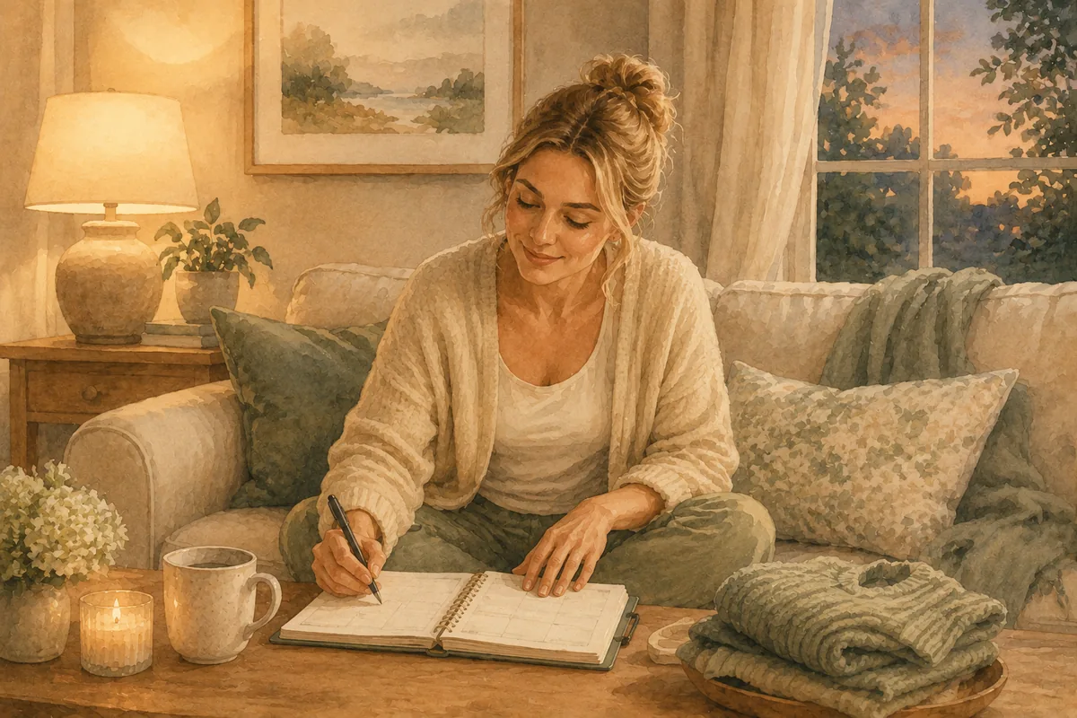 A woman writes in an open planner on a cozy sofa at home, with a mug, candle, blanket, and warm evening light around her.