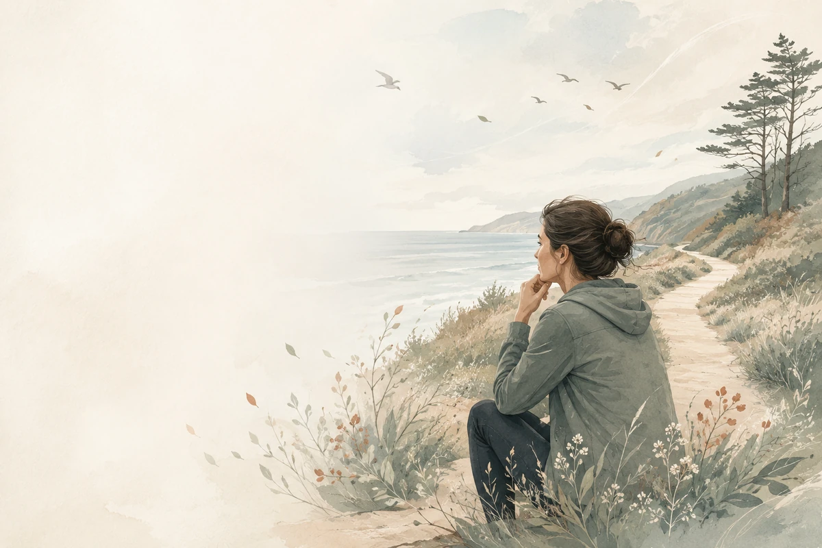 A woman sits quietly on a coastal hillside, pausing in reflection above the water.
