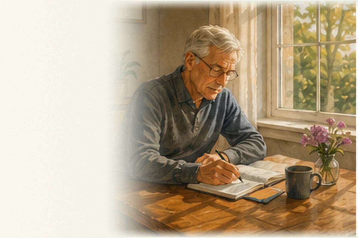 An older man writes in a journal at a wooden table beside a window, flowers, and a warm mug.
