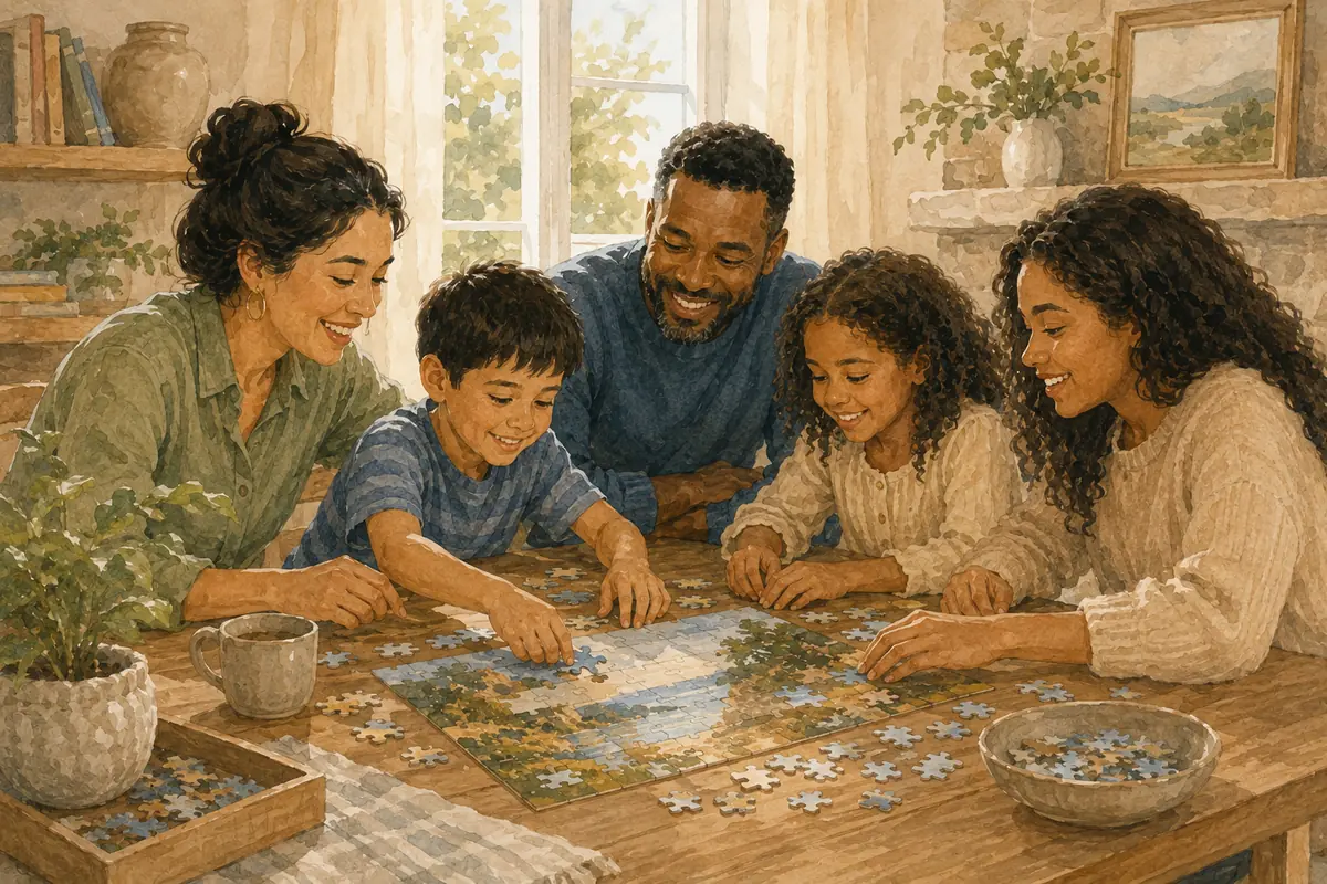 A family of five gathers around a table completing a jigsaw puzzle together in a bright, cozy living space.