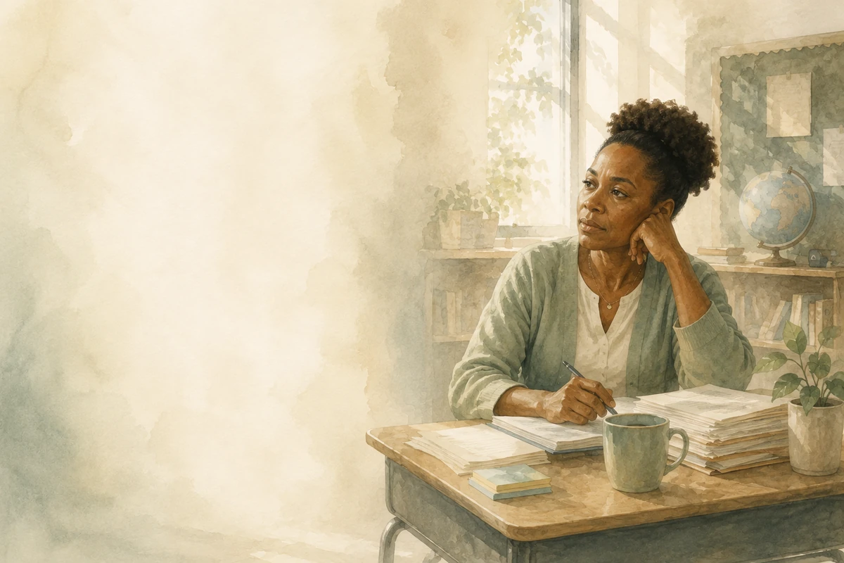 A teacher sits thoughtfully at a desk in a softly lit classroom with papers and a mug nearby.