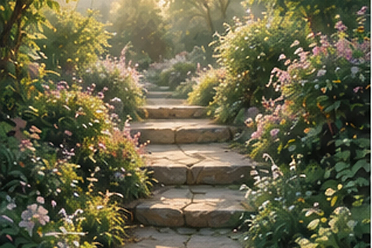Stone garden steps wind upward through abundant flowers and greenery in warm morning light.