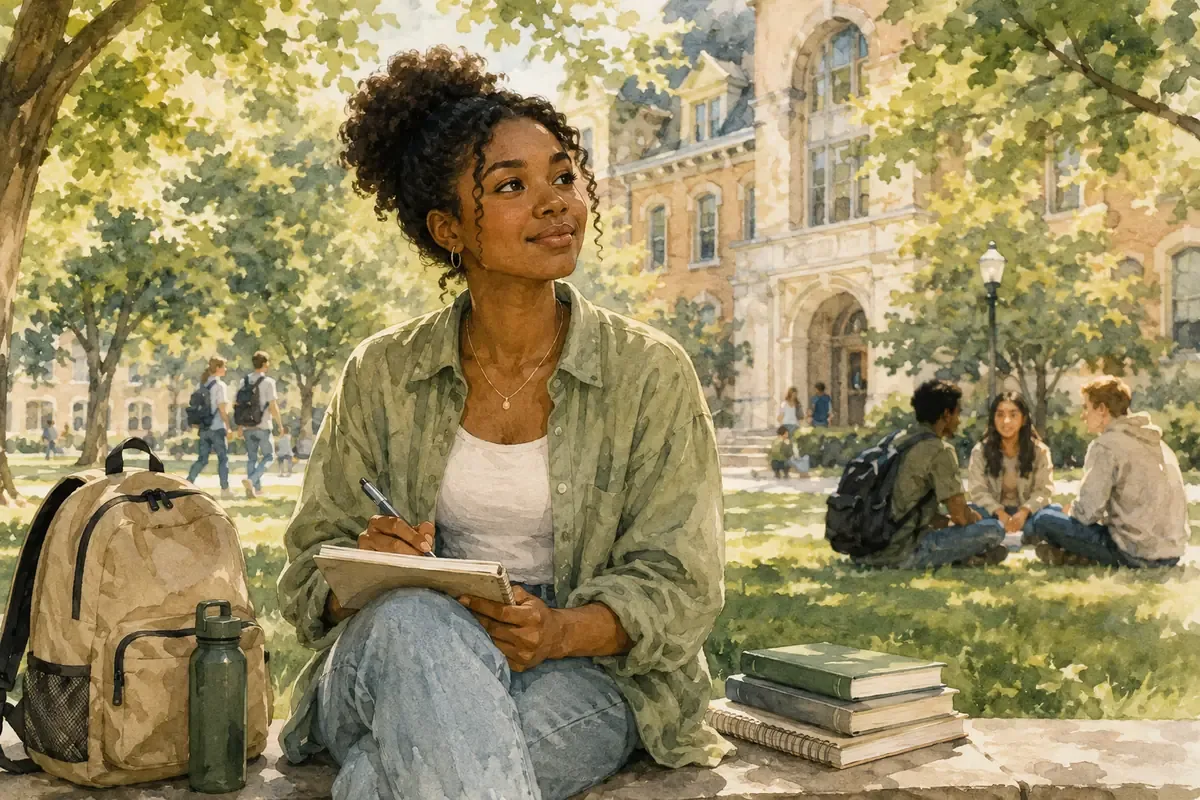 A college student writes in a notebook on a leafy campus quad with her backpack, books, and other students nearby.