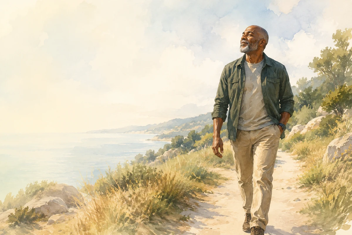 An older Black man walks along a sunny coastal trail with an open, uplifted expression.