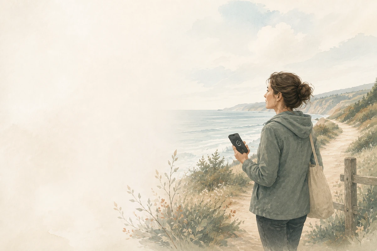 A woman pauses on a coastal trail with a phone in hand, looking away toward the ocean.