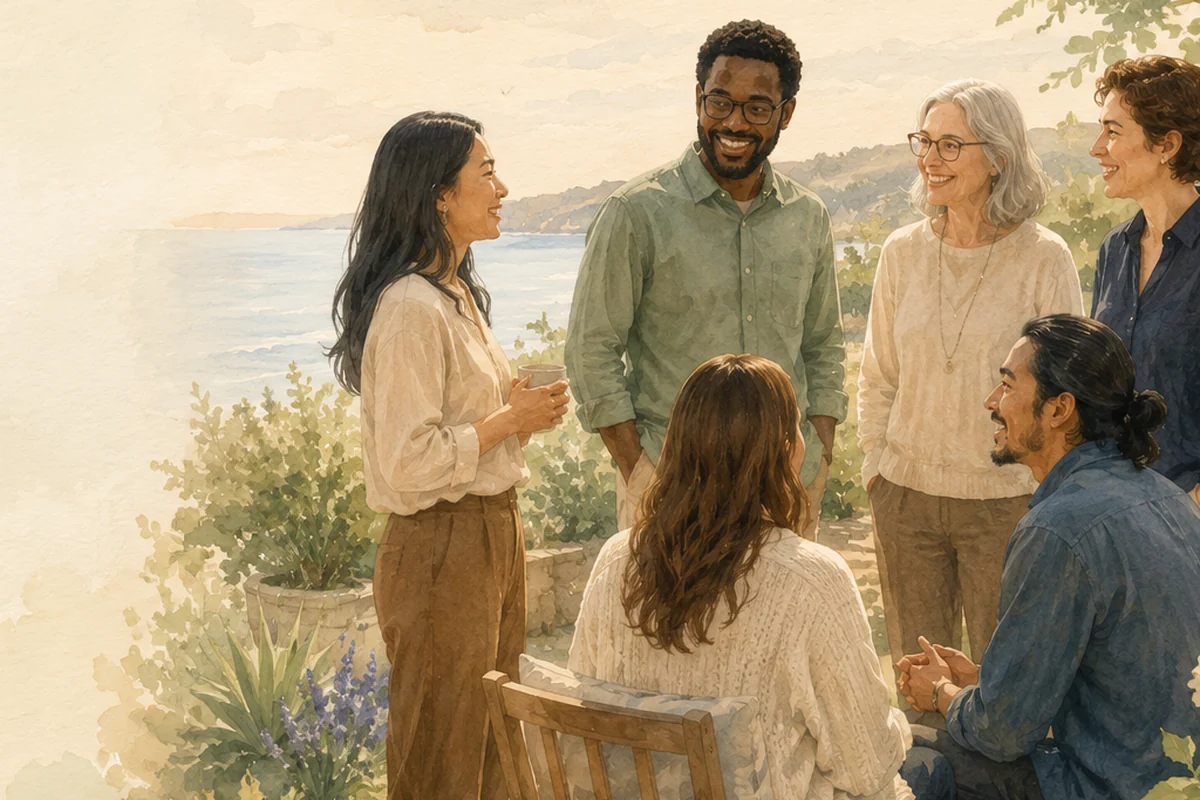 A diverse group of adults gathers in a sunlit coastal garden with flowers, trees, and the water visible beyond them.