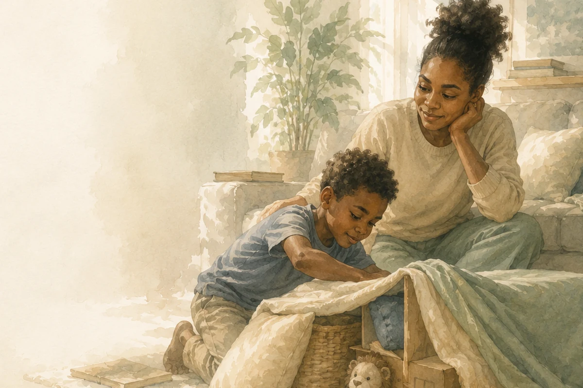 A child builds a soft blanket fort in a bright living room while a caregiver stays close and calmly observes.