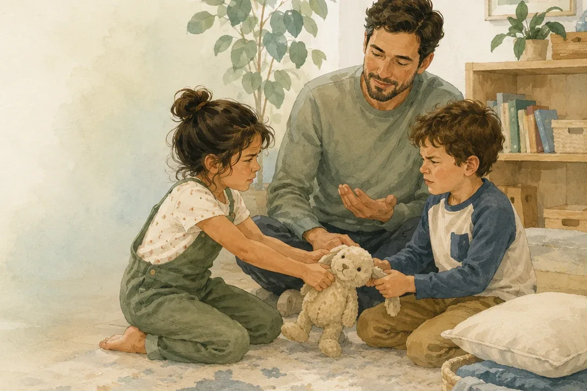 A father calmly guides two children through a conflict over a stuffed animal in a softly lit playroom.