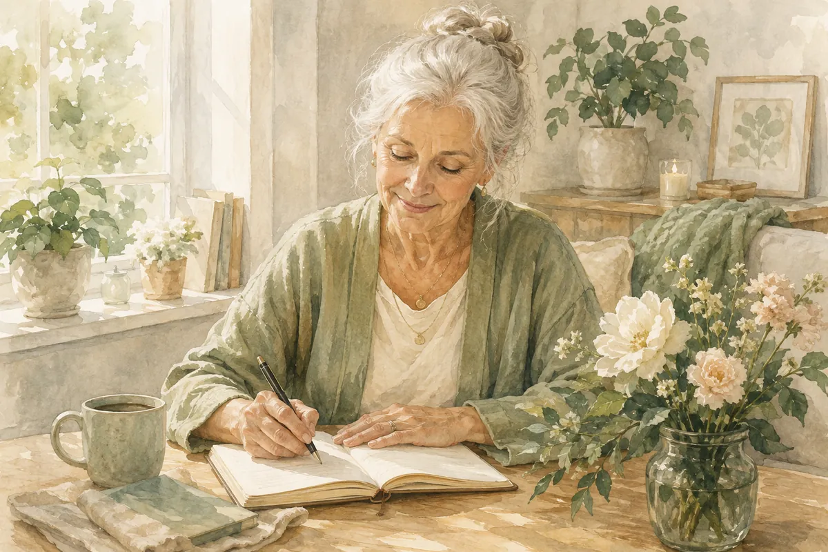 An older woman writes in a journal at a sunlit table beside a mug, flowers, books, and houseplants.