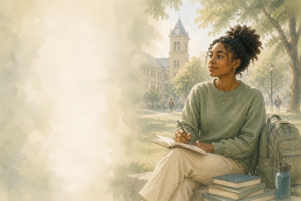 A young Black woman sits on a quiet college campus with a journal, books, backpack, and water bottle.