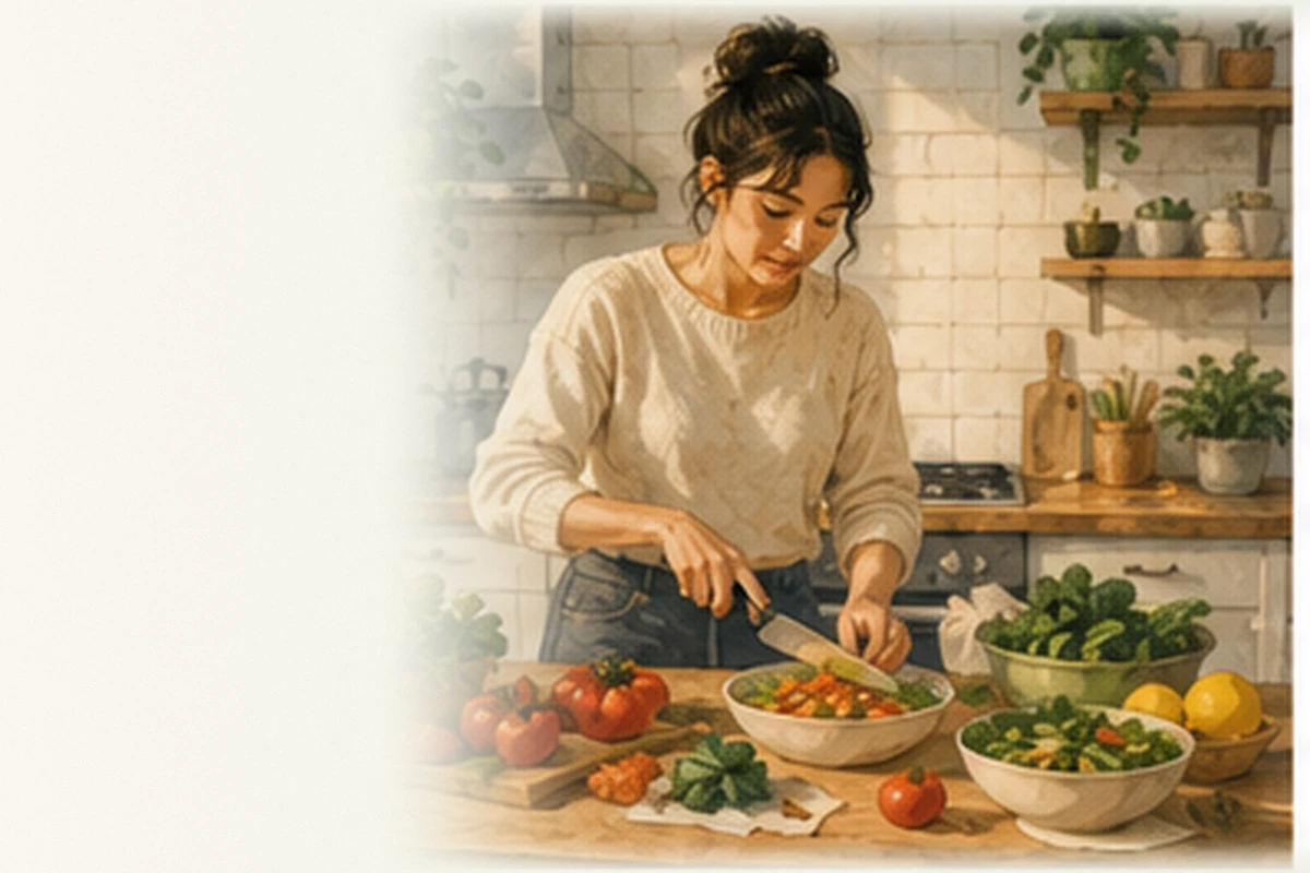 A woman prepares a colorful meal in a bright kitchen with fresh vegetables arranged on the counter.