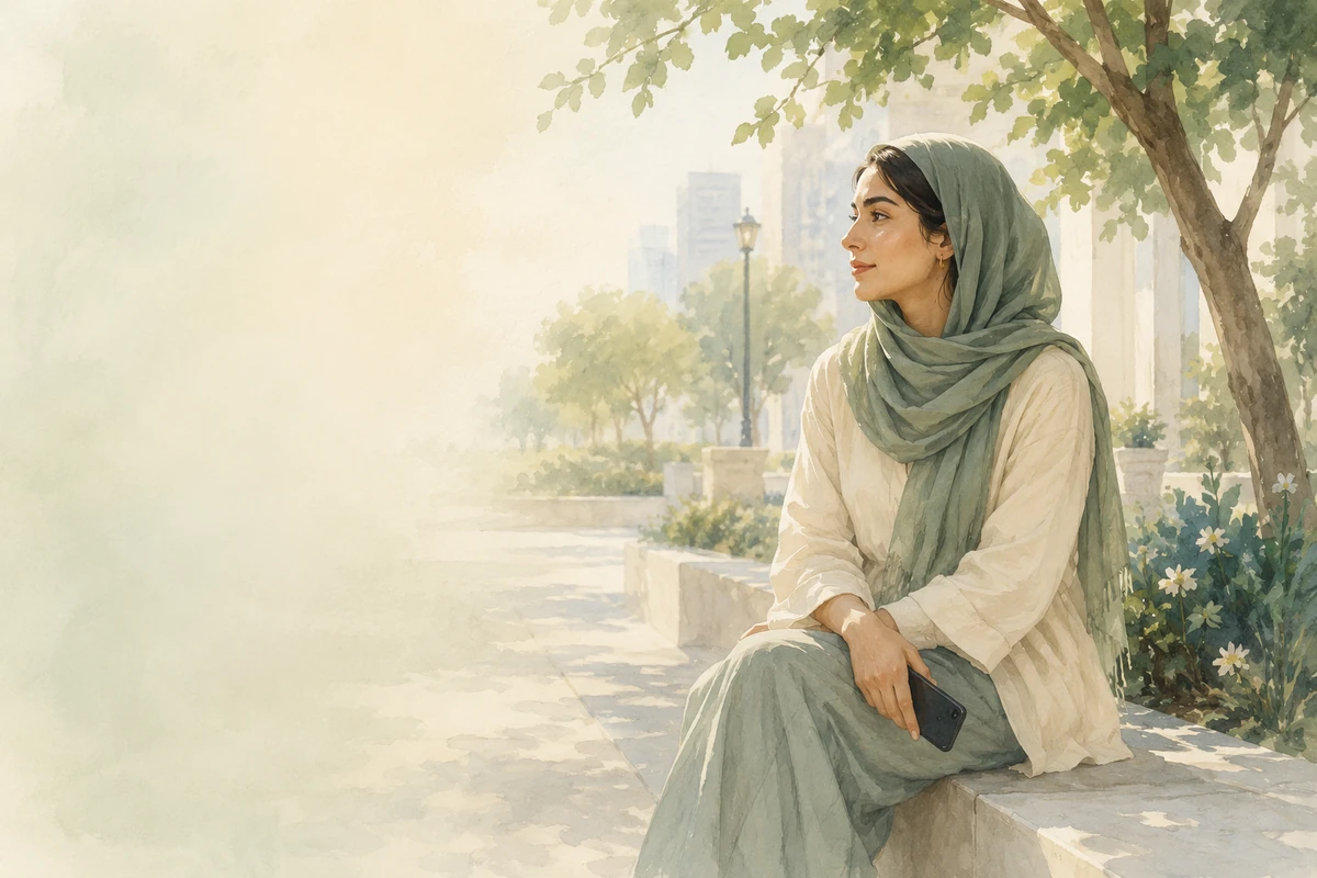 A woman wearing a hijab sits in a leafy city park with a phone resting loosely in her hand.