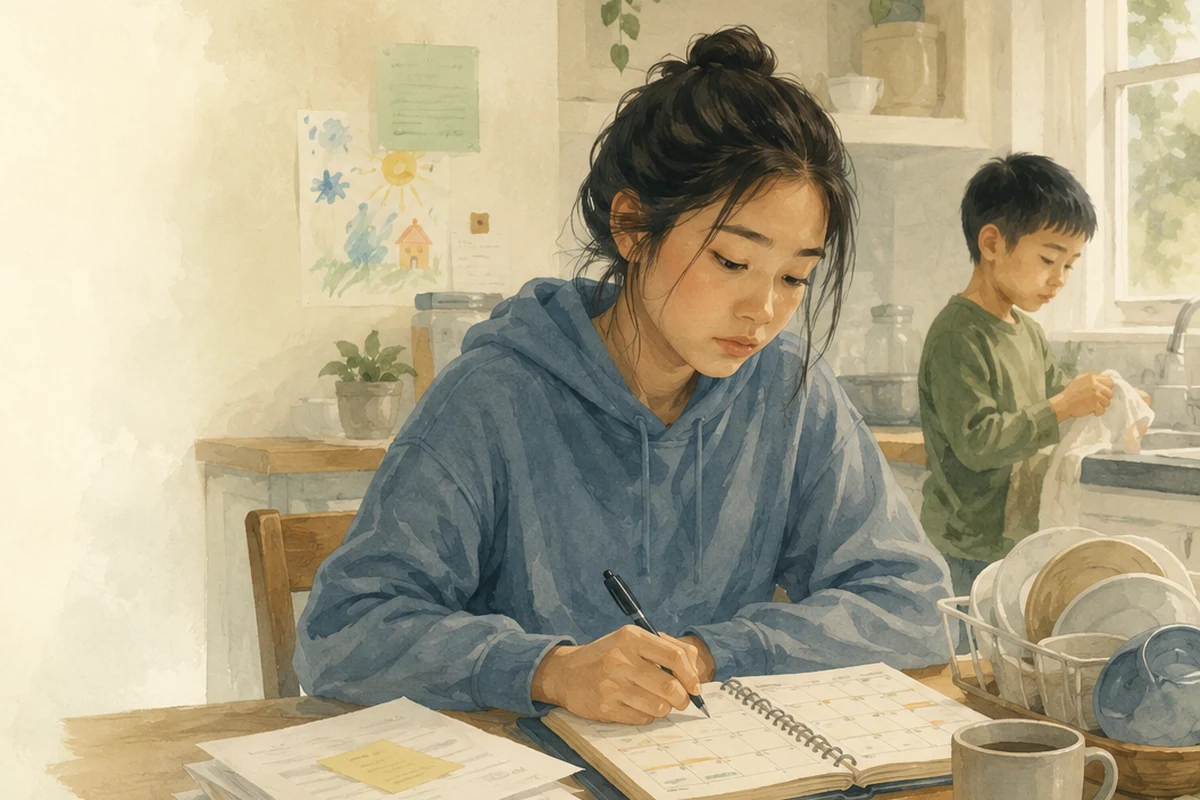 A teenager studies a crowded planner at a kitchen table while a younger child helps with dishes nearby.