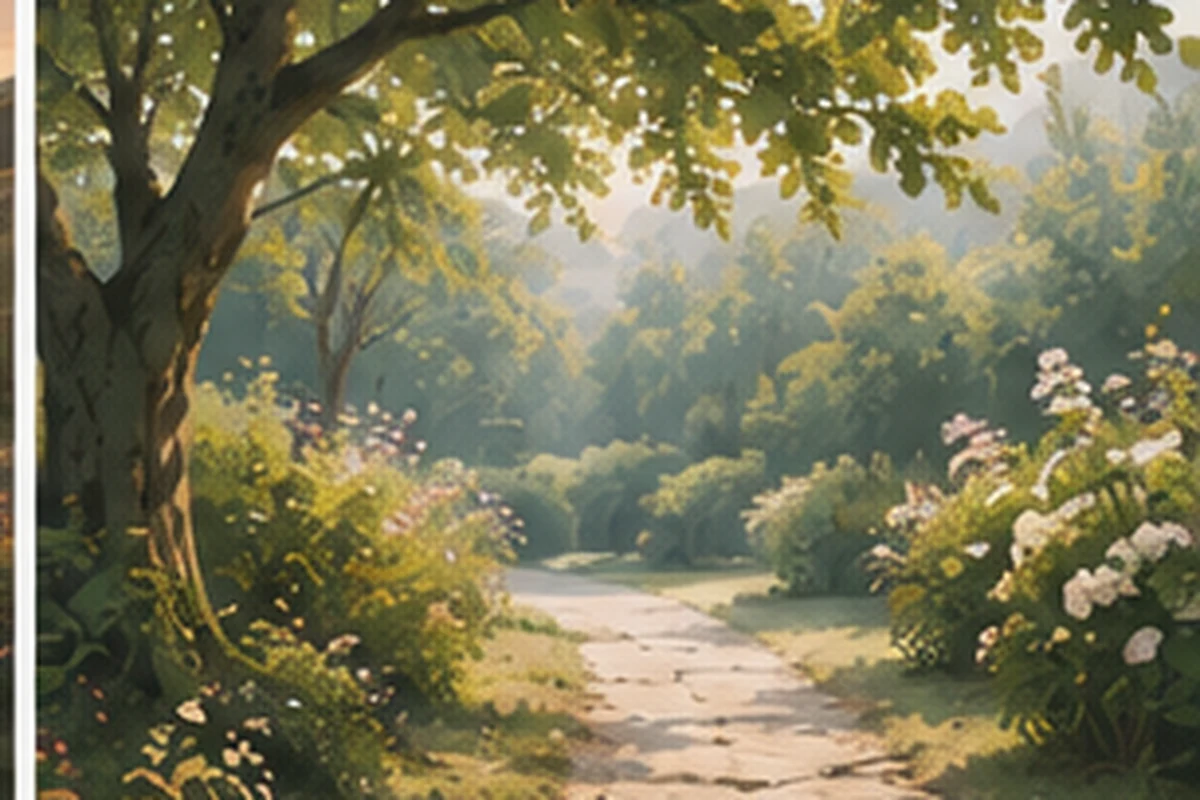 A garden path curves through lush greenery and flowering shrubs in warm, filtered sunlight.