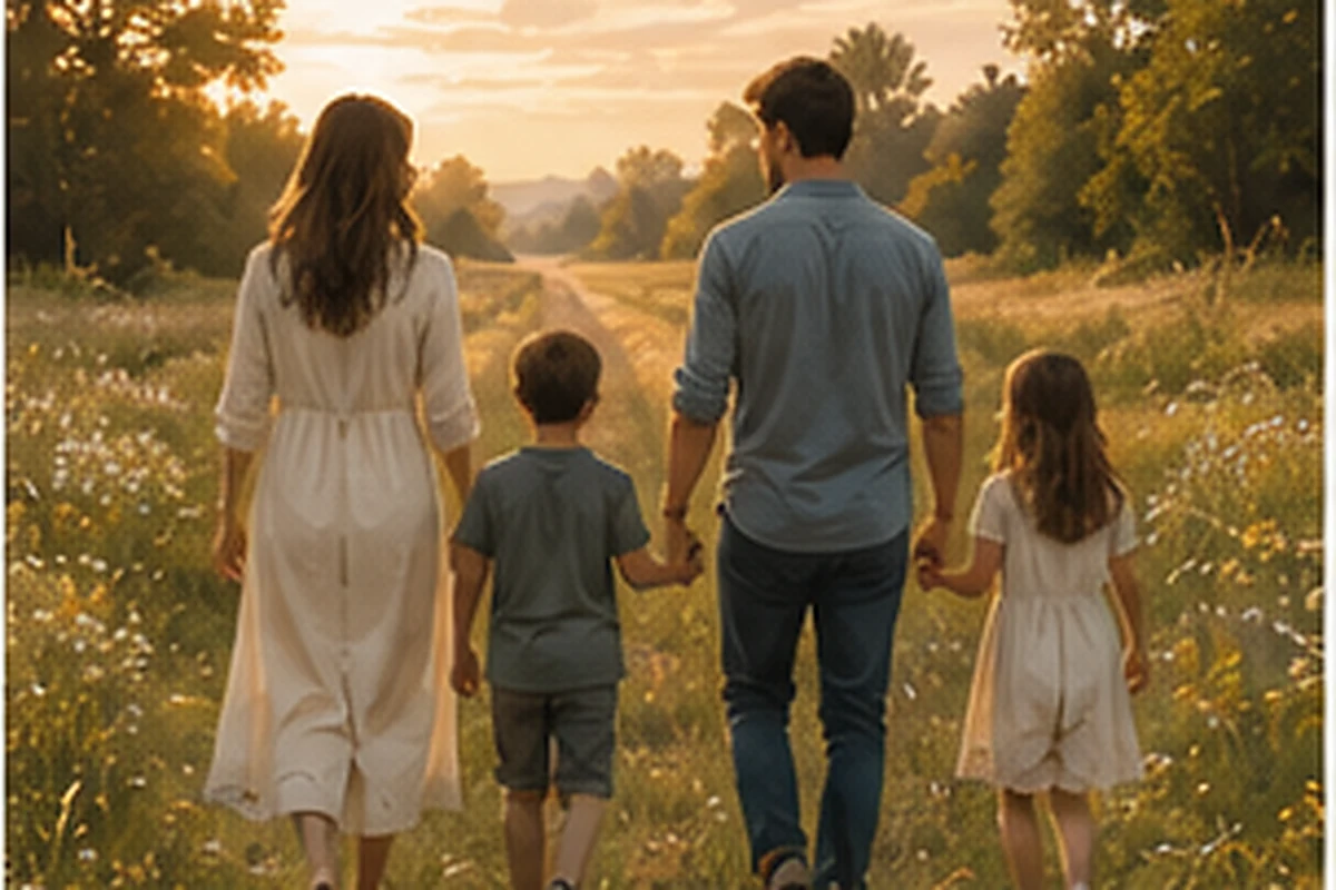 A family of four walks together through a sunlit meadow surrounded by trees and wildflowers.