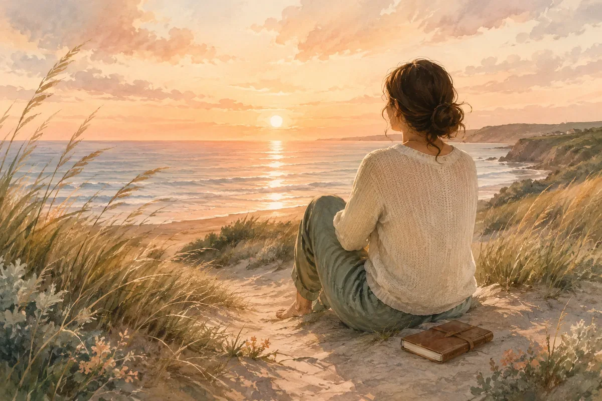 A woman sits quietly on a coastal bluff watching the sun set over the ocean with a closed journal beside her.