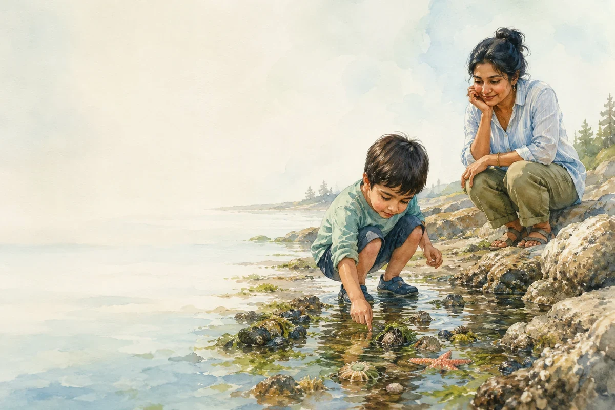A mother watches warmly as her young son explores a tide pool along a rocky shoreline.