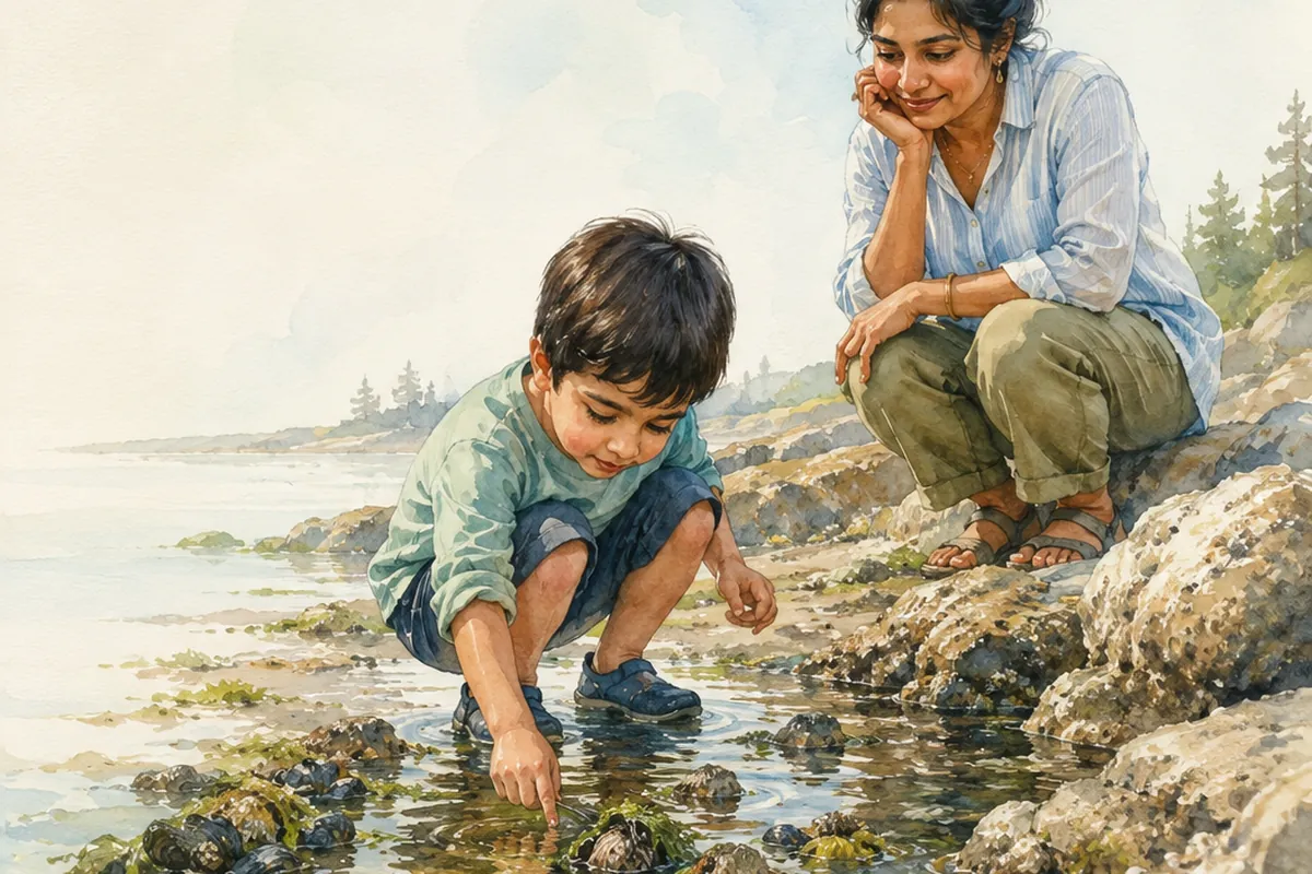 A child explores a tide pool while an adult crouches nearby and watches with encouragement.