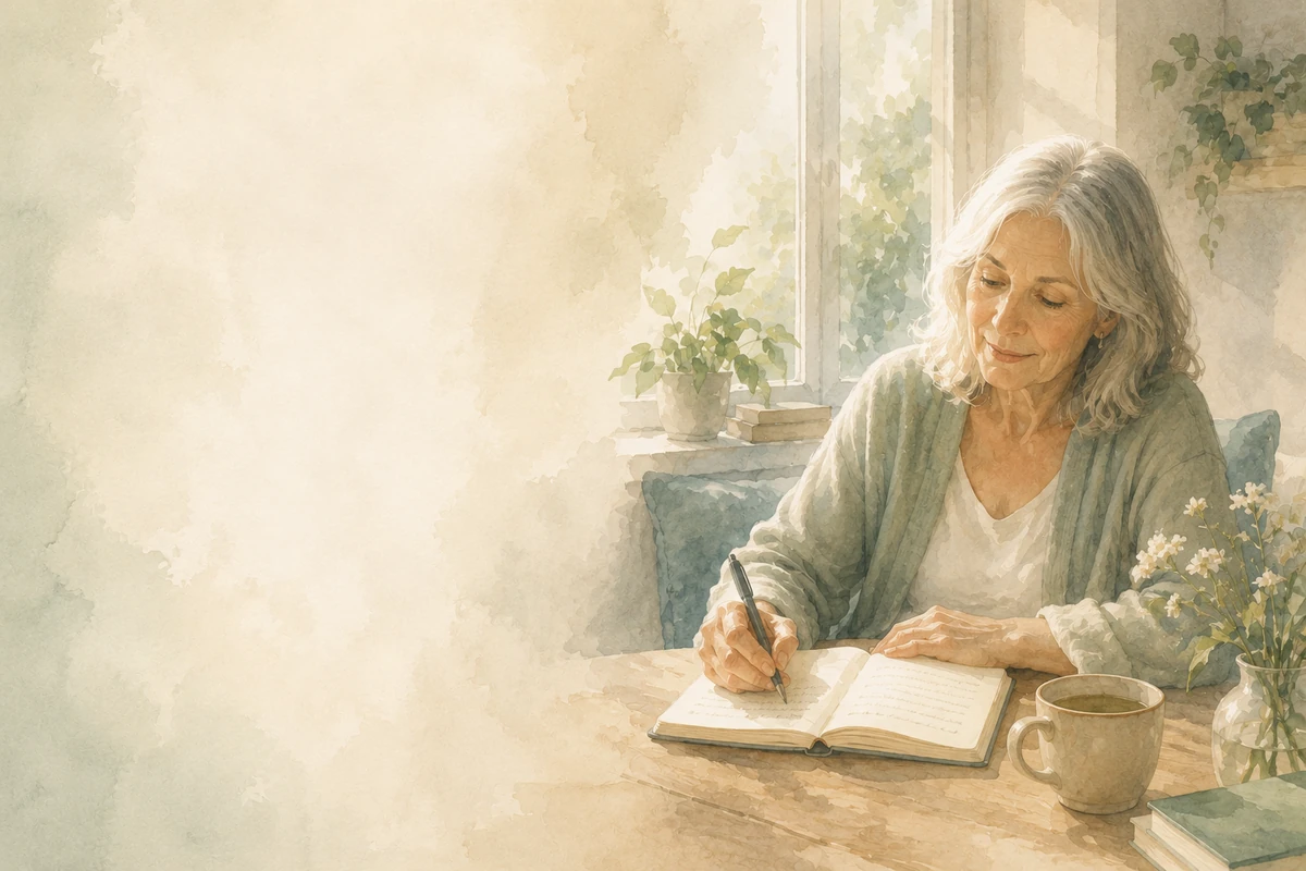 An older woman writes in a journal at a peaceful morning table with tea, flowers, and soft window light.