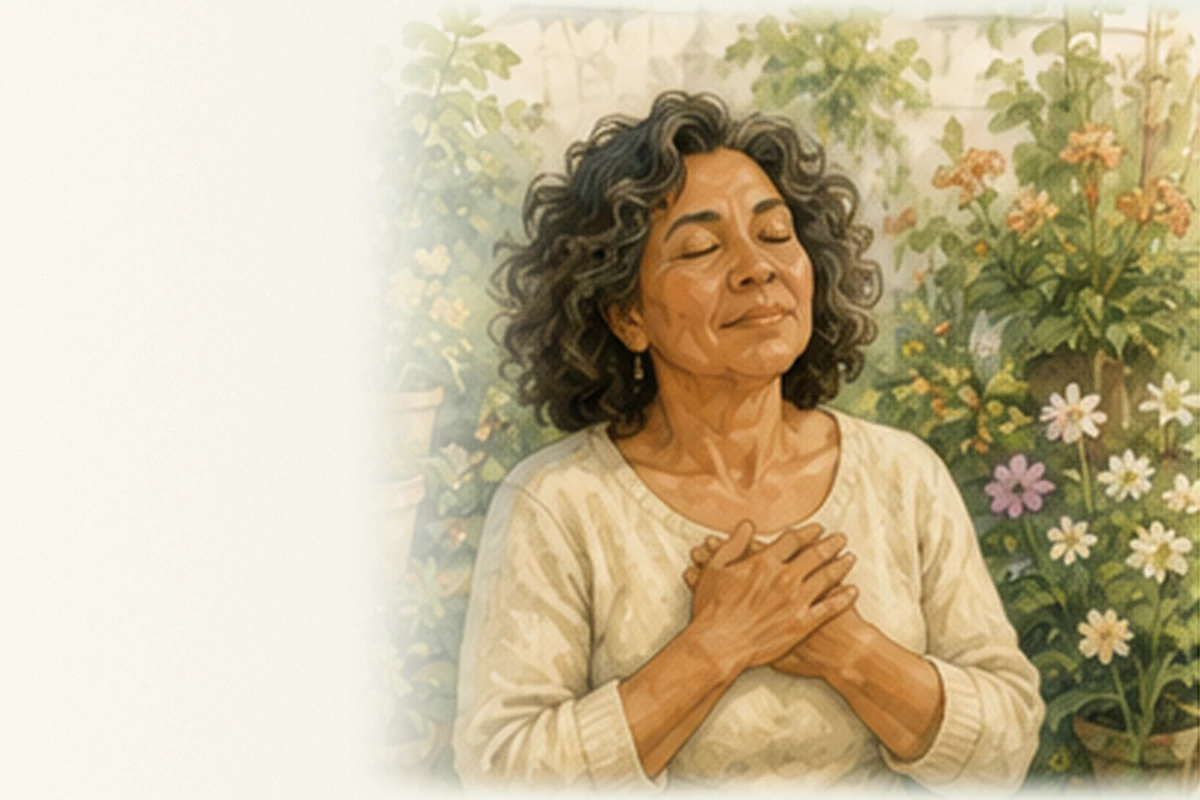 A middle-aged woman stands in a flower garden with her hands over her heart and her eyes gently closed.