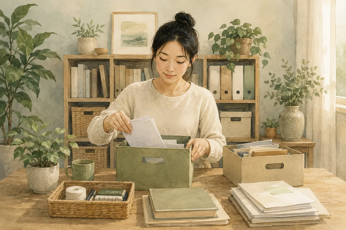 A woman sorts papers into storage boxes in an orderly home office with folders, baskets, shelves, and plants.